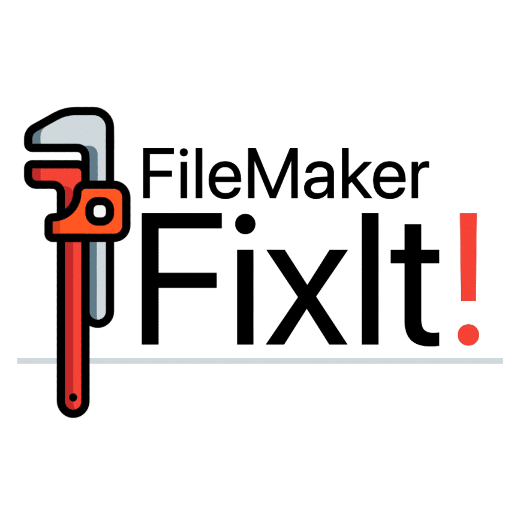 Logo - the words FileMaker FixIt. With a red & grey wrench running vertically at the left-hand side.