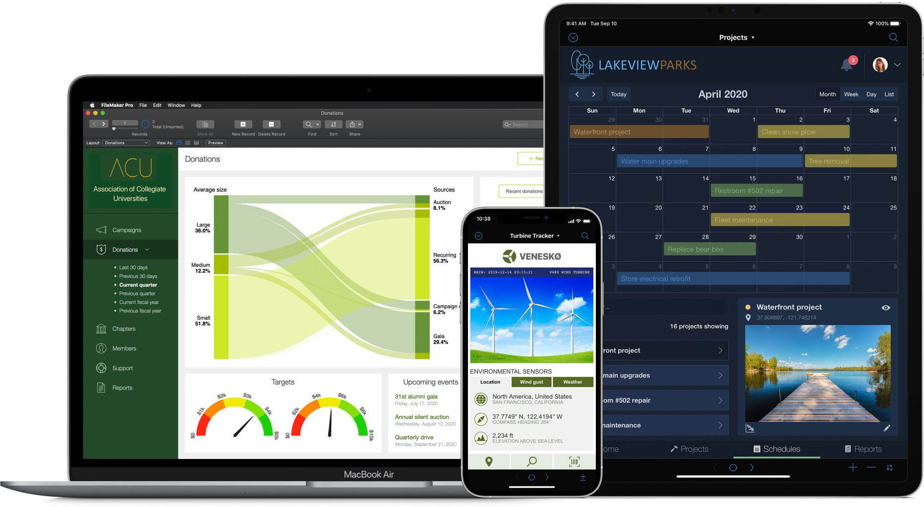 Graphic depicting Claris FileMaker Pro in use across desktop, iPad, and mobile