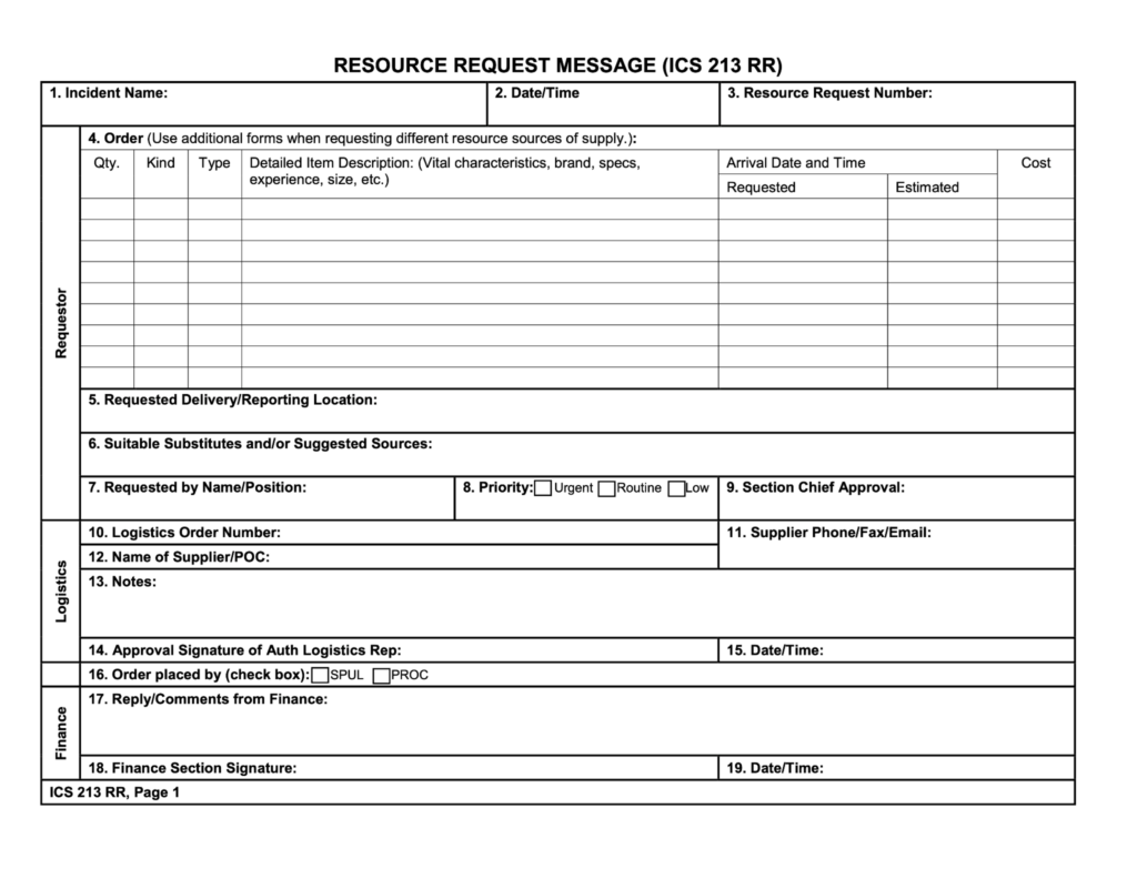 Sample of the 213RR form used in disaster response efforts, which we incorporated into the Easy 213 FileMaker WebDirect app.