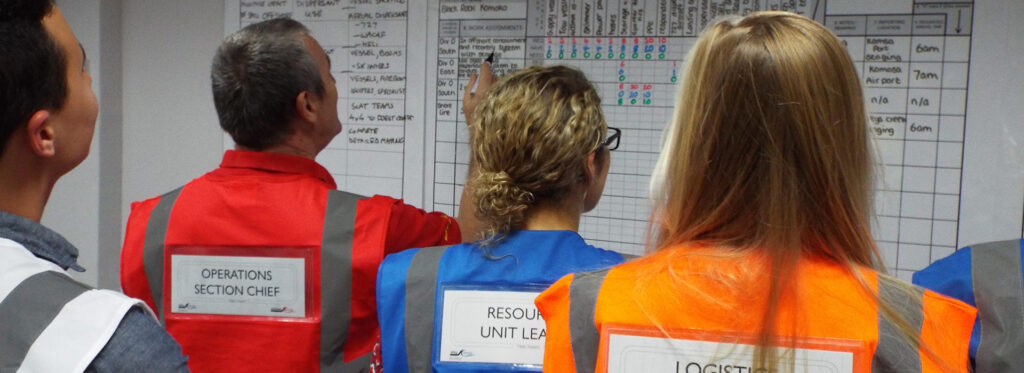 Photo of Incident Command System leaders, wearing their color-coded, high-visibility vests.
