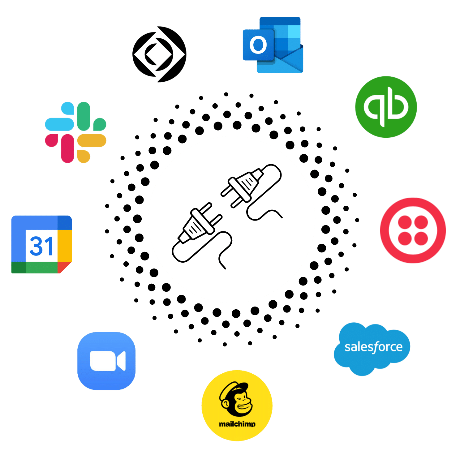 Graphic of various web application icons such as Salesforce, Twilio, Slack, Mailchimp, and Zoom surrounding a plug, symbolizing FileMaker&apos;s integration capabilities with the web.