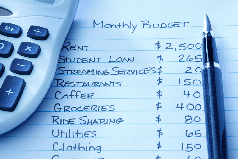 Photo of handwritten budget on notebook paper, with a calculator at the left and a pen at the right.