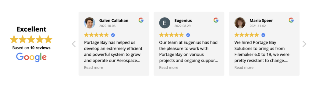 Screenshot of some five star Google reviews for Portage Bay Solutions.