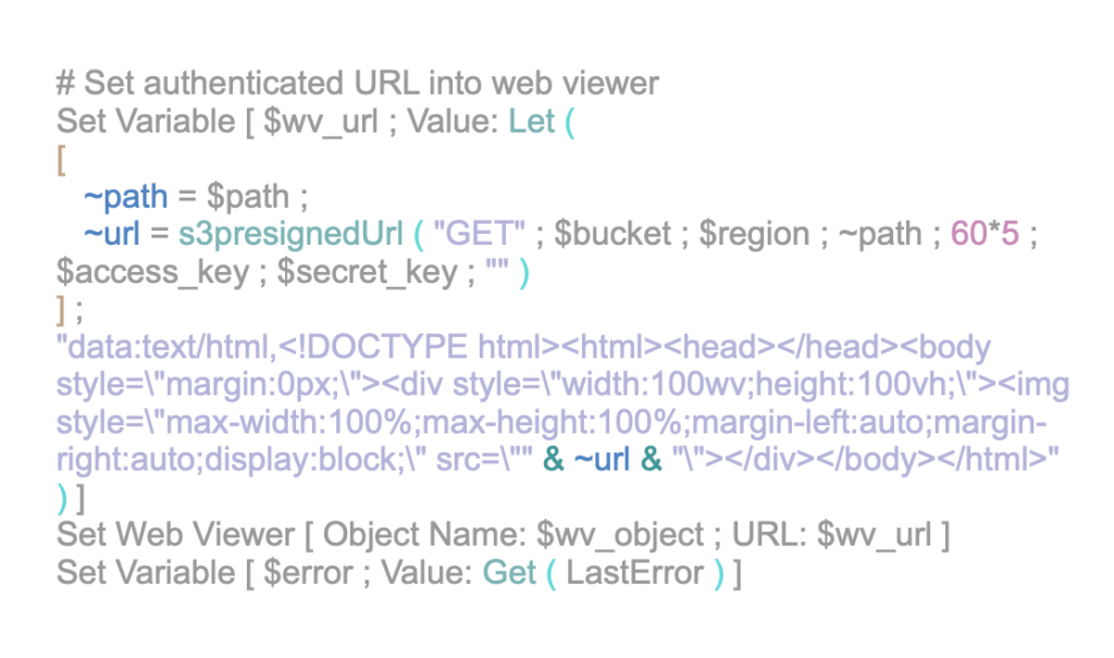 Graphic of FileMaker code used to store the S3 path to the uploaded image.