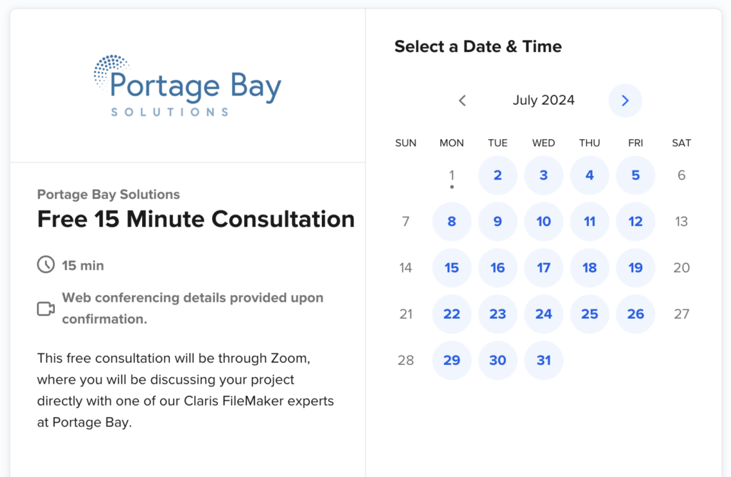 Screenshot of our Calendly consultation page, where you can schedule a discussion about your software evaluation.