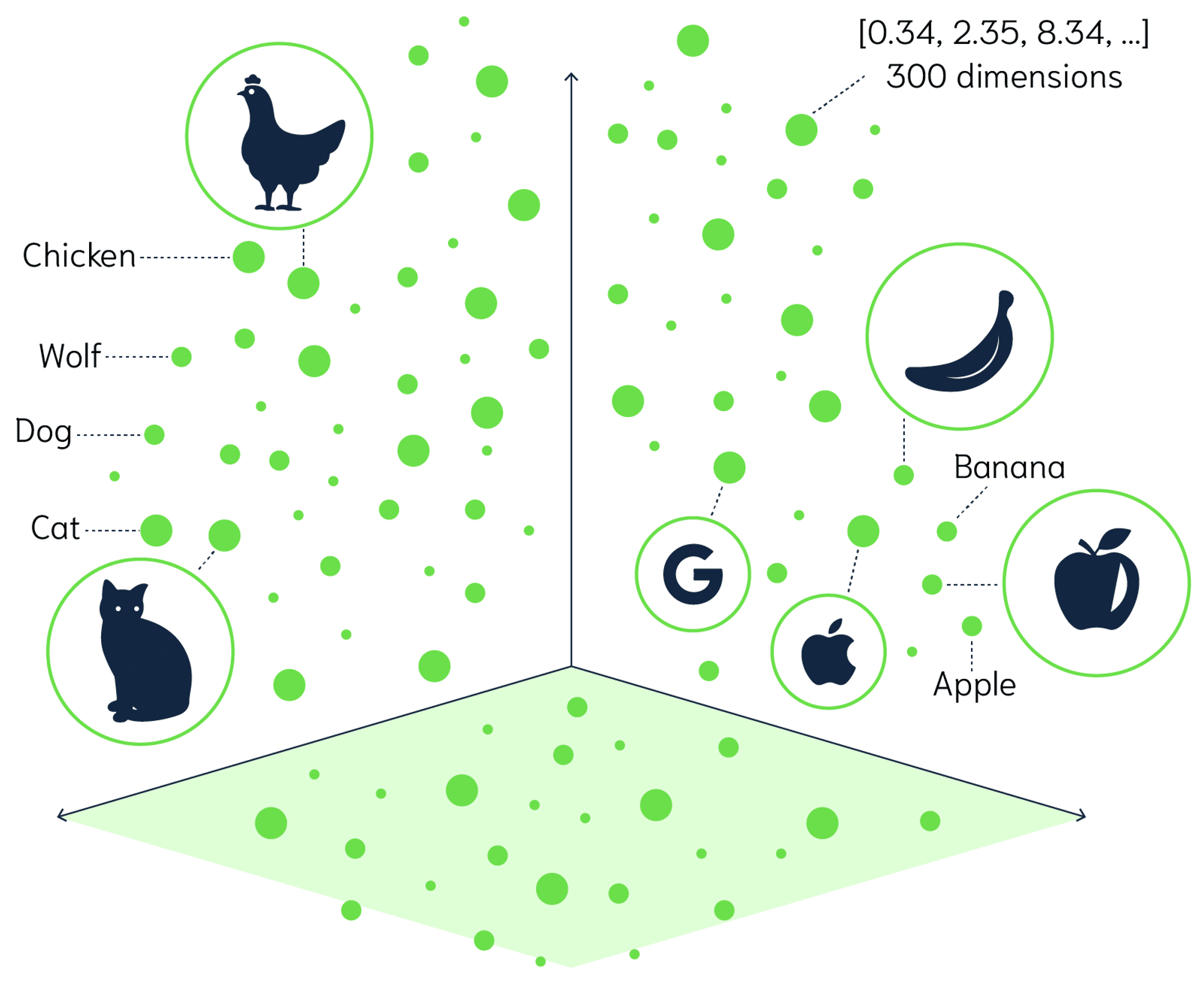 Three-axis grid illustrating AI distance metrics and vector search. Composed of various sized green dots on a mostly white background. On the left are the words Chicken, Wolf, Dog, Cat, with black images of a chicken and a cat. On the right are the words Banana and Apple, with black images of a banana, apple, Apple logo, and Google logo.