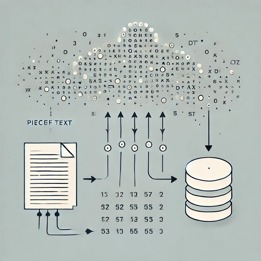 An AI-generated illustration of cream and black graphics on a grey-green background, composed of a sort of word-cloud made of numbers and characters, a piece of paper, and three stacked circles. With numbers in a grid and arrows pointing to the various elements.