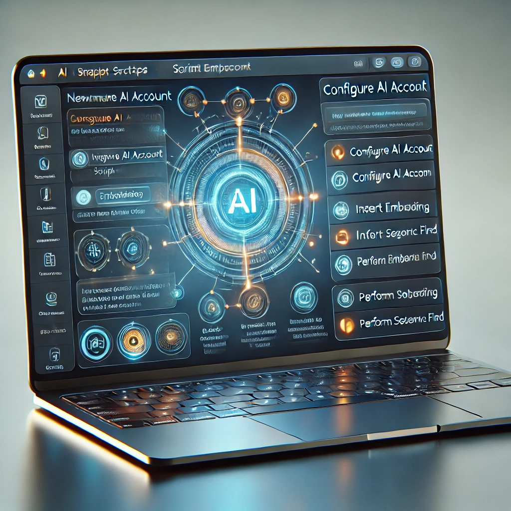 An AI-generated photo of a laptop with various AI terms and futuristic circle images on the screen. FileMaker script steps now include various AI capabilties.