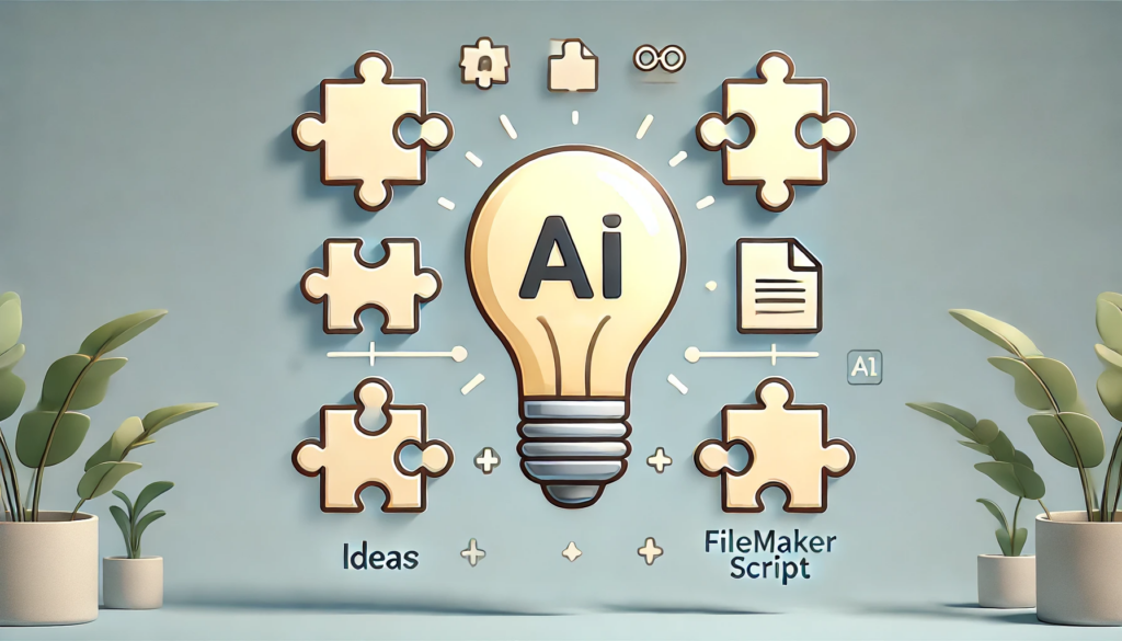 Graphic of puzzle pieces surrounding a lightbulb, with the word AI in the center of the lightbulb. Under one puzzle piece is the word Ideas. Under another are the words FileMaker Script.