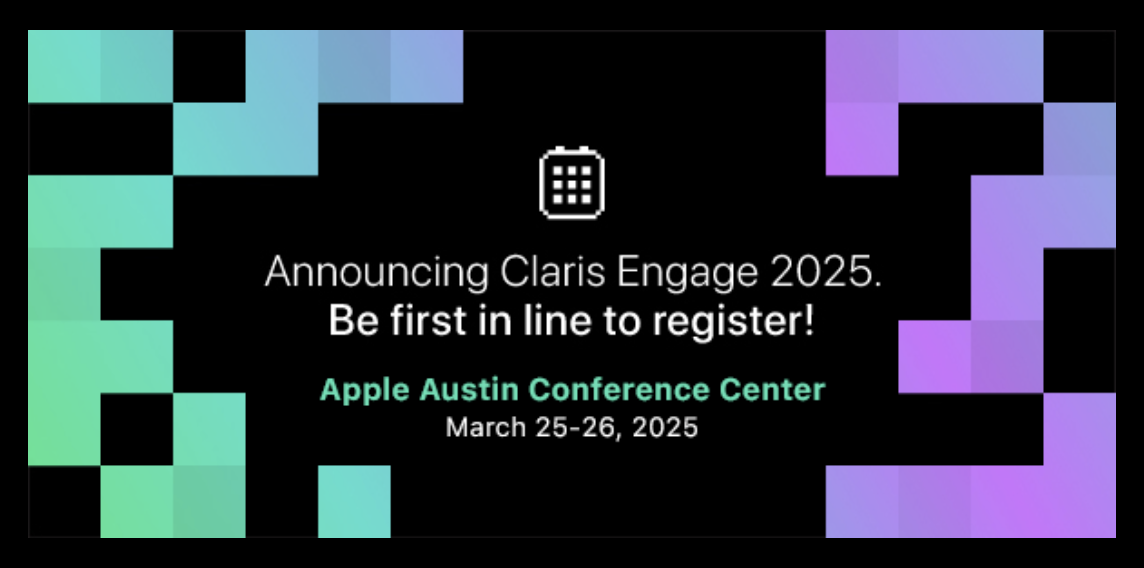 Graphic announcing registration sign-up for Claris Engage 2025