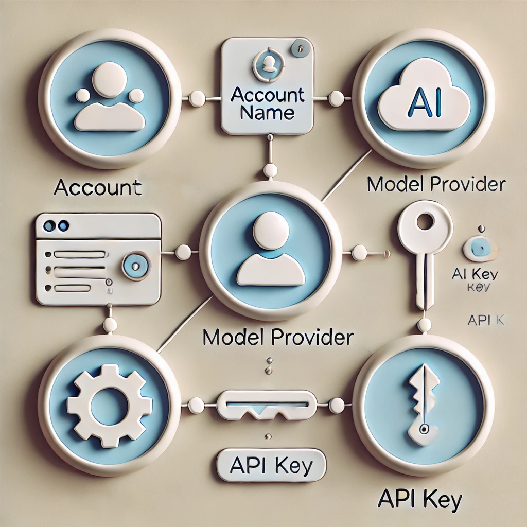 AI-generated image of clay-like circles with icons - people, AI cloud, cog - inside of them. Some words are Account, Model Provider, API Key.