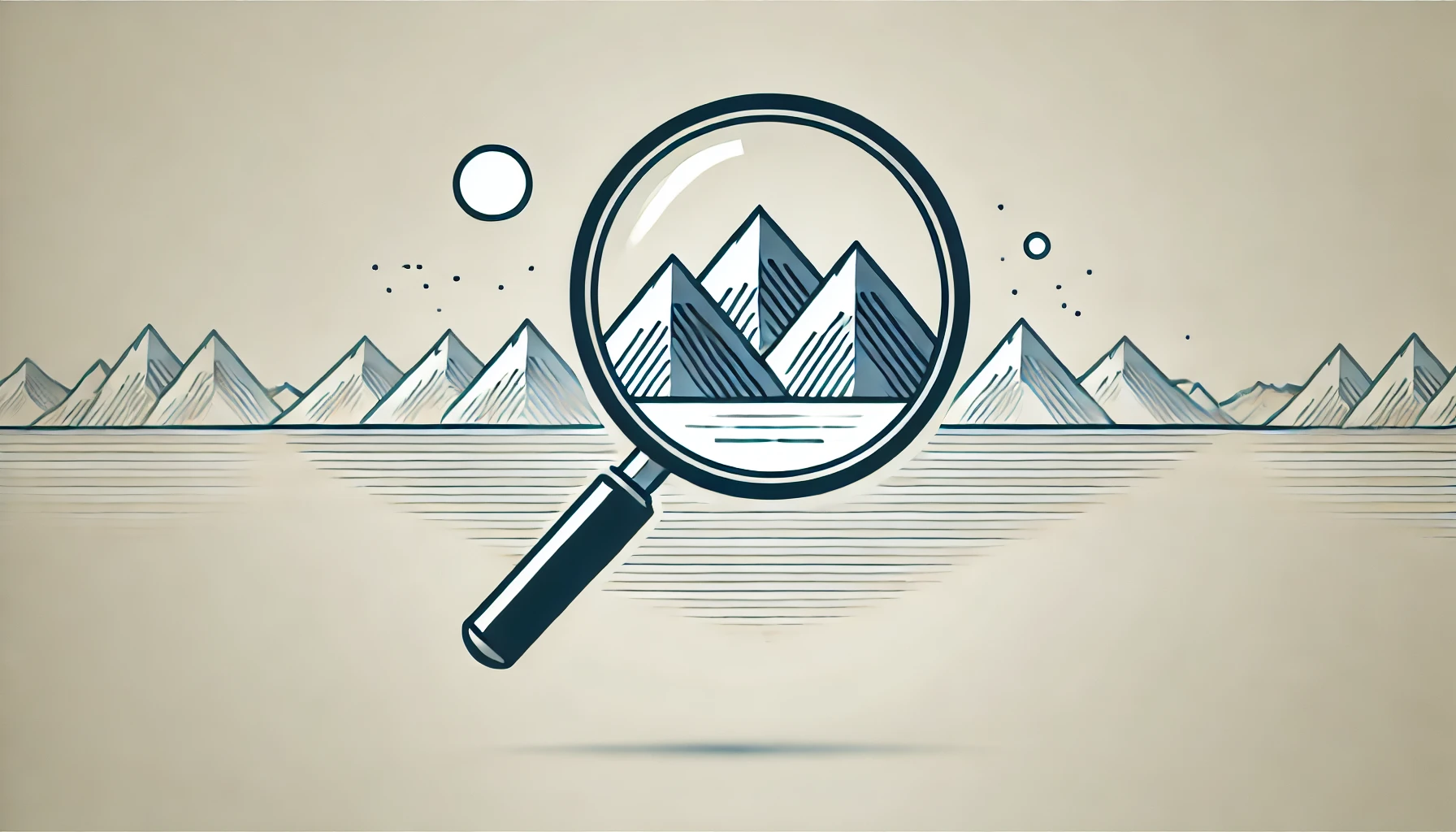 A line graphic of a mountain range, with the middle section highlighted by a magnifying glass.