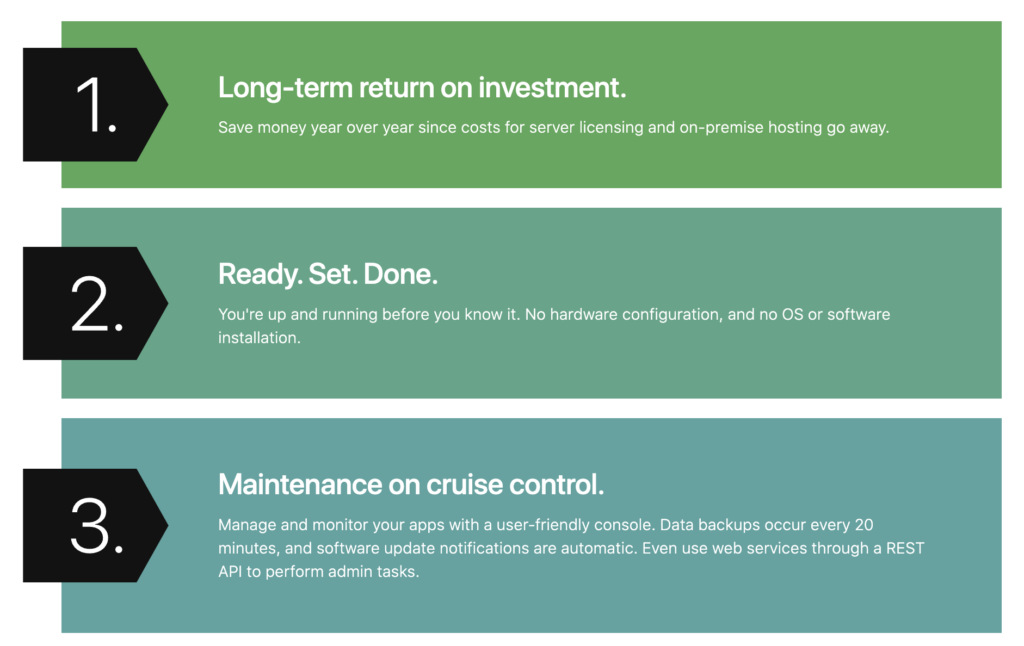 Bars of color in blue-green gradients, showing benefits 1, 2, & 3 of using Claris Cloud. Long-term return on investment, ready set done, maintenance on cruise control.