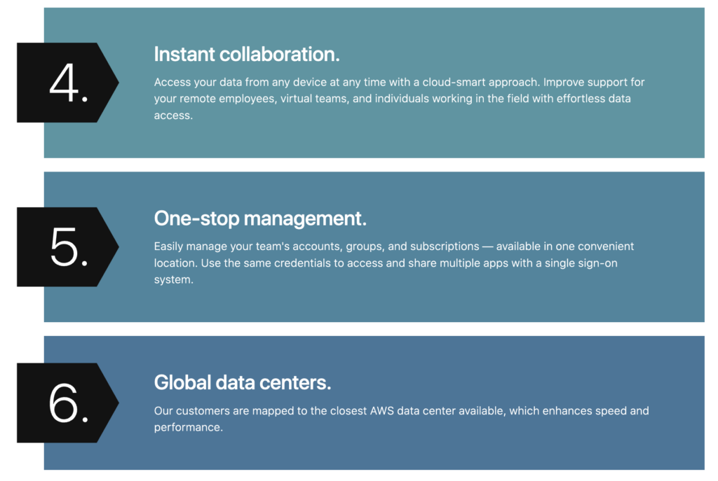 Bars of color in blue gradients, showing benefits 4, 5, & 6 of using Claris Cloud. Instant collaboration, one-stop management, global data centers.