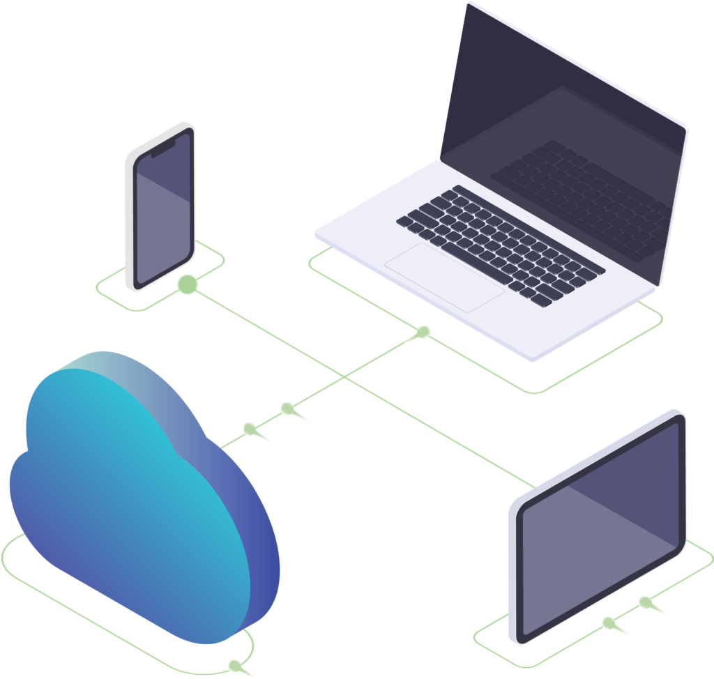 Graphic showing icons for a blue cloud, mobile phone, tablet, and desktop, all connected with green lines.