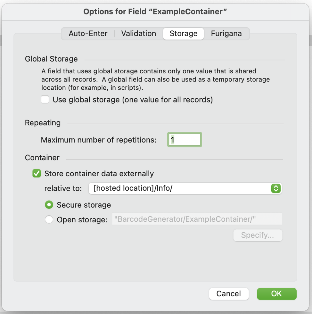 Screenshot of FileMaker dialog box showing container storage options for fields. The options for "Store container data externally" and "secure storage" are selected.