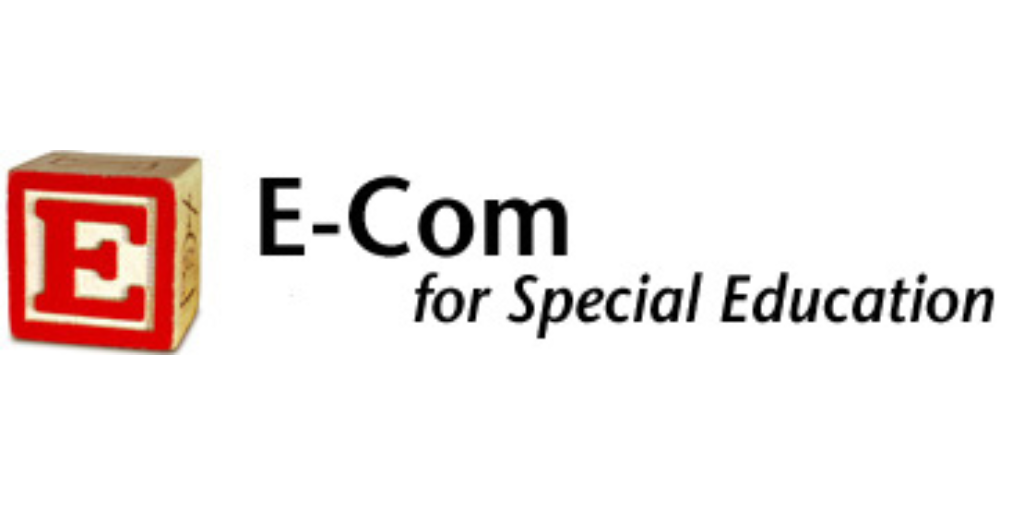 Logo for E-Com for Special Education. A red "e" alphabet block. The words "E-Com for Special Education" span to the right.