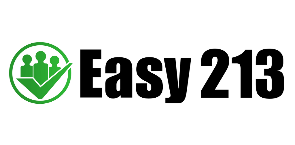 Logo for Easy 213. A green circle surrounding three green silhouettes of people with a green checkmark in front of them. The words "Easy 213" span to the right.
