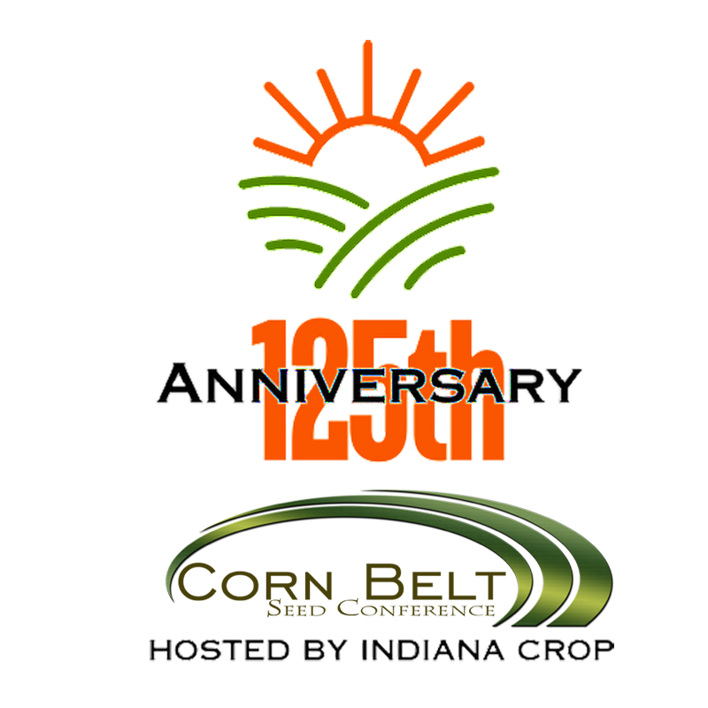 Logo for the 125th Anniversary for Corn Belt Seed Conference. A line drawing of an orange sunrise over a green hill. The image reads "125th Anniversary Corn Belt Seed Conference Hosted by Indiana Crop."