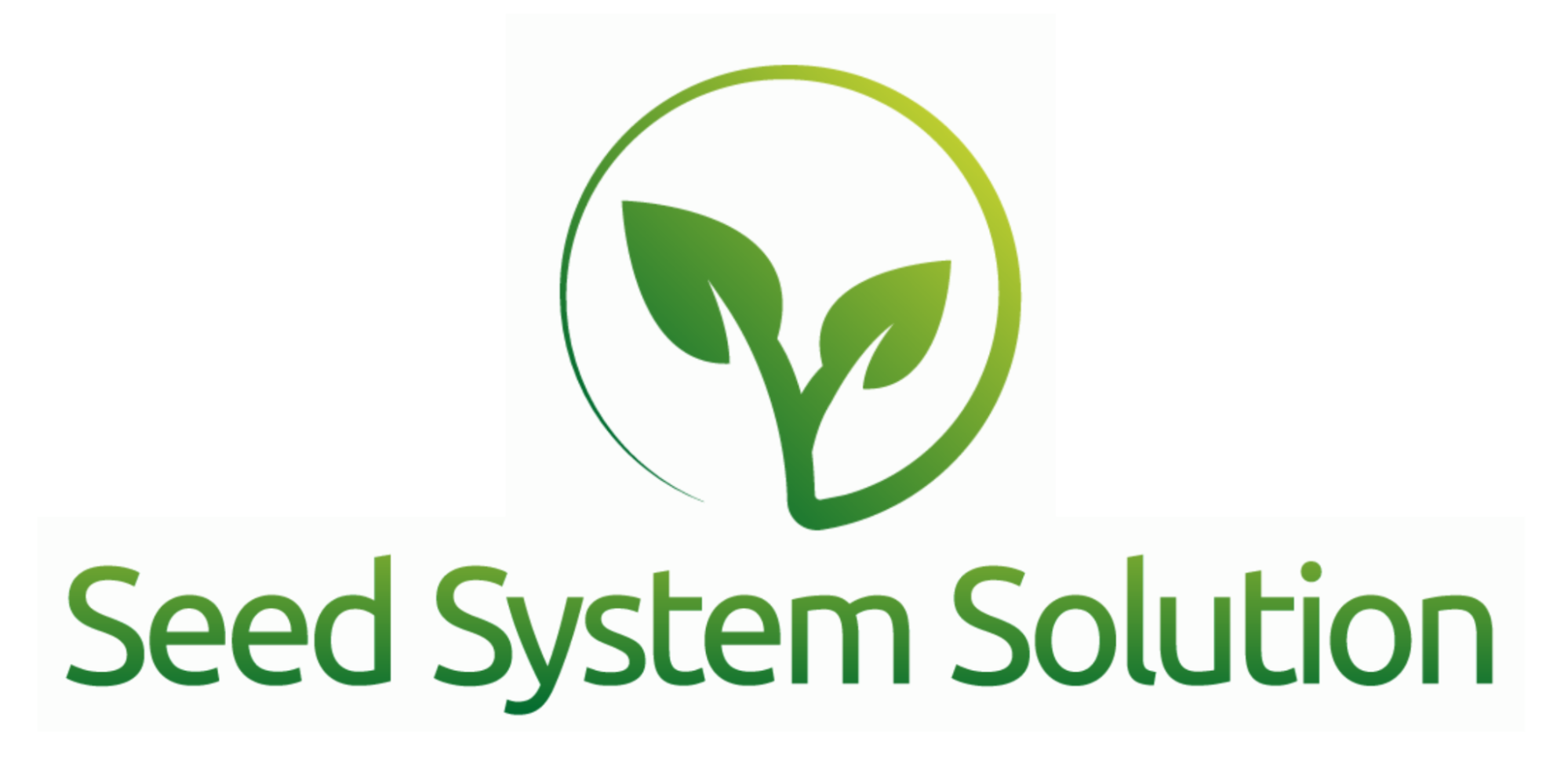 Logo for Seed System Solution - two small green leaf sprouts surrounded by a circle that starts off thicker at the base of the leaves, then tapers to a thin point that doesn't quite complete the circle.