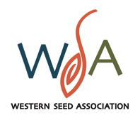 Logo for Western Seed Association. On the top left is the blue letter "W," a cartoon seed sprouting in the middle, and a green letter "A" on the right. Below the image says "Western Seed Association. 