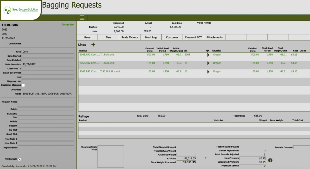 A screenshot of a bagging request in the seed sales FileMaker program, Seed System Solution.