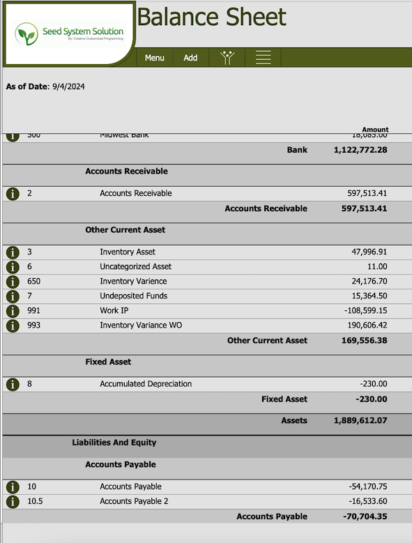 A screenshot of a balance sheet in the seed sales FileMaker program, Seed System Solution.