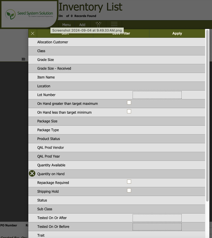 A screenshot of an inventory list in the seed sales FileMaker program, Seed System Solution.