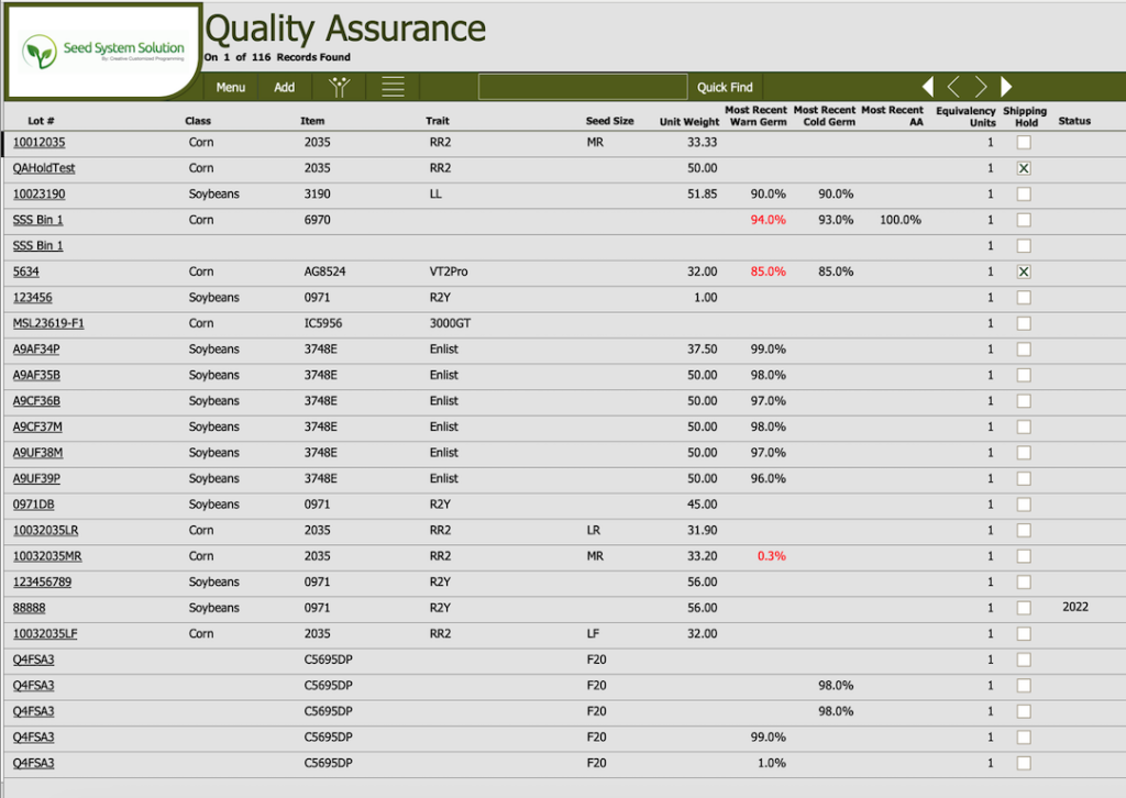 A screenshot of a quality assurance layout in the seed sales FileMaker program, Seed System Solution.