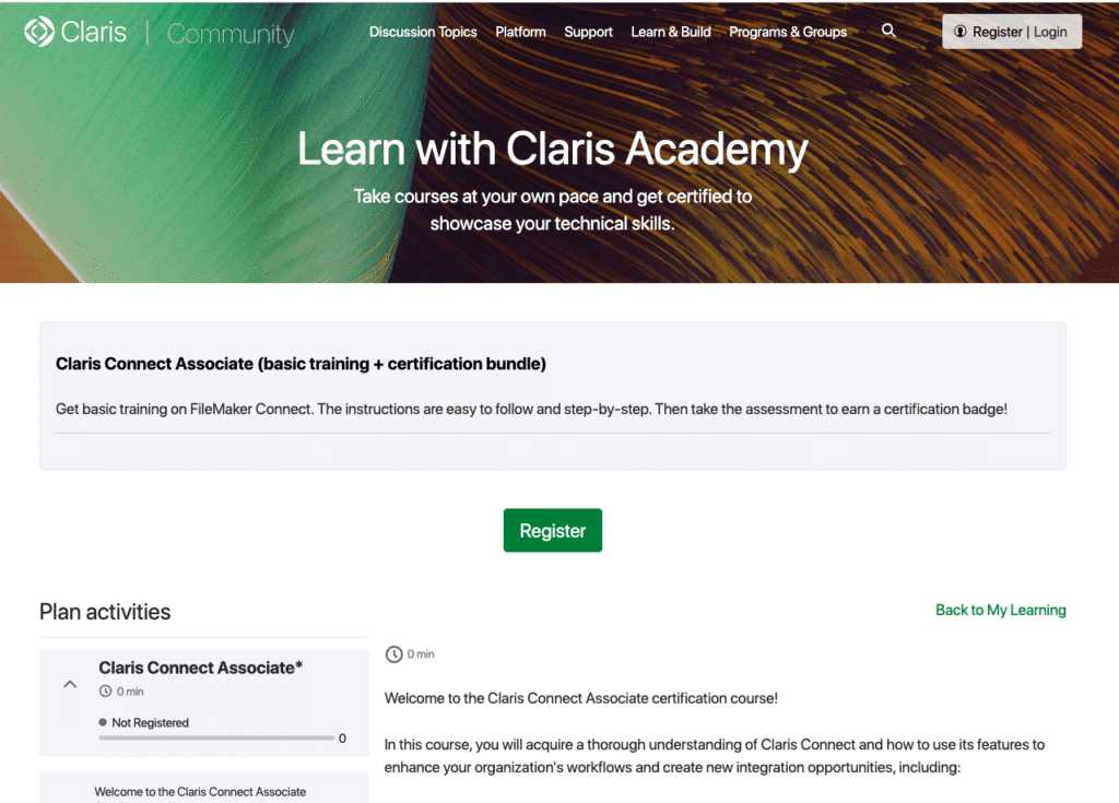 Screenshot of Learn with Claris Academy website page.