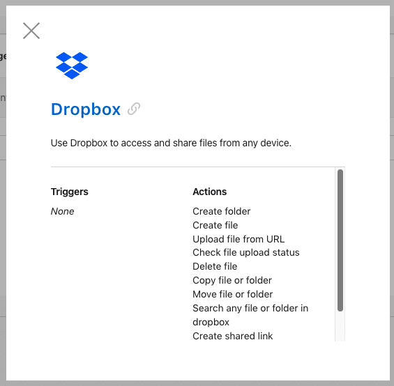 Screenshot of Connect flow for Dropbox connector, listing triggers and actions.