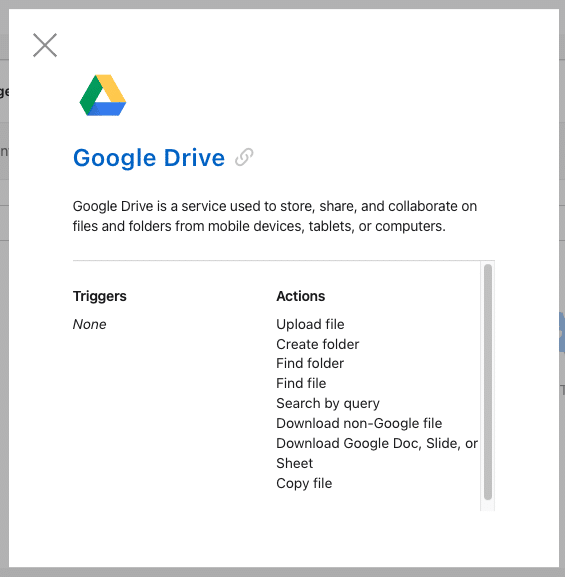 Screenshot of Claris Connect flow for Google Drive connector, listing triggers and actions.