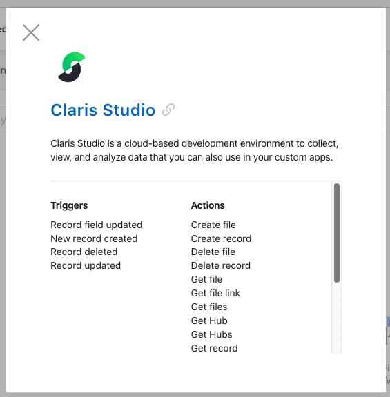 Screenshot of Connect flow for Claris Studio connector, listing triggers and actions.