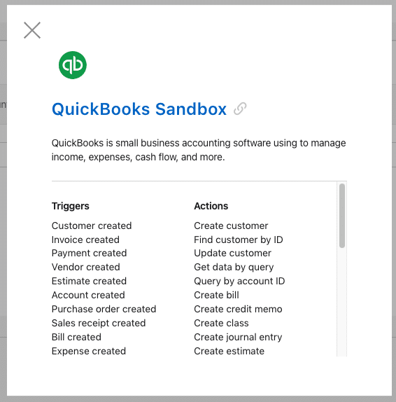 Screenshot of Claris Connect flow for QuickBooks Sandbox connector, listing triggers and actions.