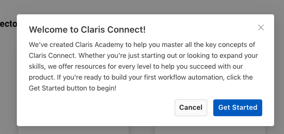 Screenshot of new Welcome to Claris Connect message, which references Claris Academy.