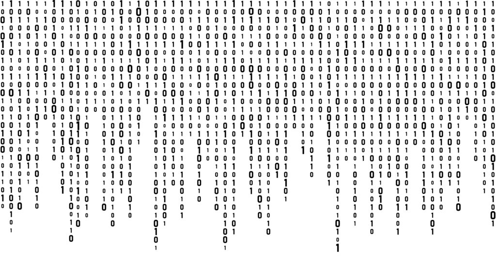 Technology binary code. Random falling white digits on screen. Hacked software. Matrix sciense background. Big data analytics.