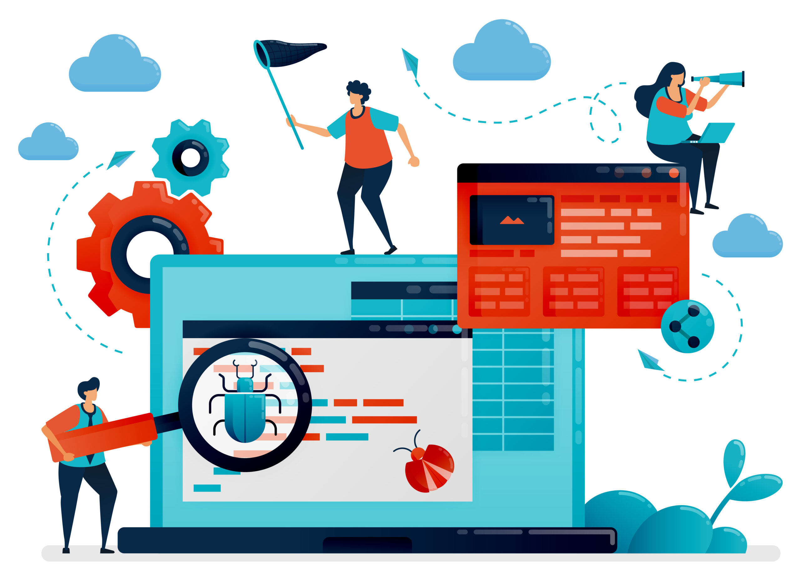 Colorful illustration showing a giant computer with three people inspecting it, with one person standing at the side, one standing on top of the computer, and one perched on top of a pop-up. There are gears and clouds. One person is holding a magnifying glass to the computer screen, which has a bug inside. The overall illustrations depicts a FileMaker evaluation.