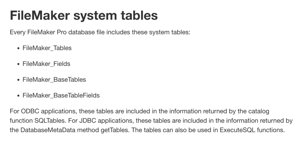 Text description of FileMaker system tables, from Claris help documentation, describing format, parameters, and data type returned.