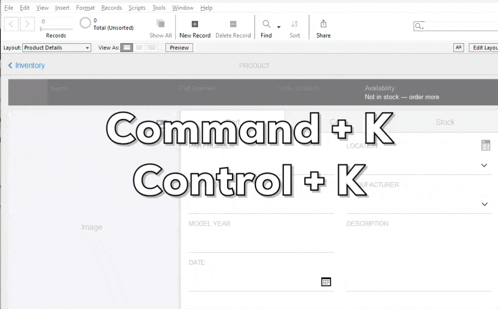 A gif showing the use of Command+K and Control+K in the new release of Claris FileMaker 21.1