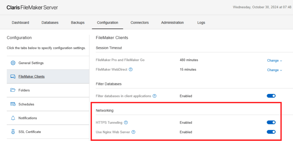 A screenshot of the Configuration tab in FileMaker Server 21.1, showing options for networking, HTTPS tunneling, and Nginx Web Server.