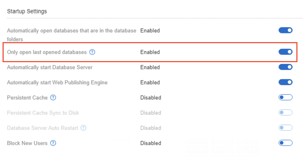 A screenshot from within FileMaker Server 21.1, showing "Only open last opened databases" enabled.