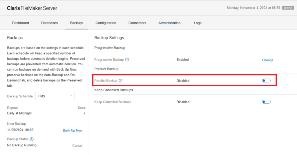 A screenshot from within FileMaker Server 21.1, showing an option for parallel backups.