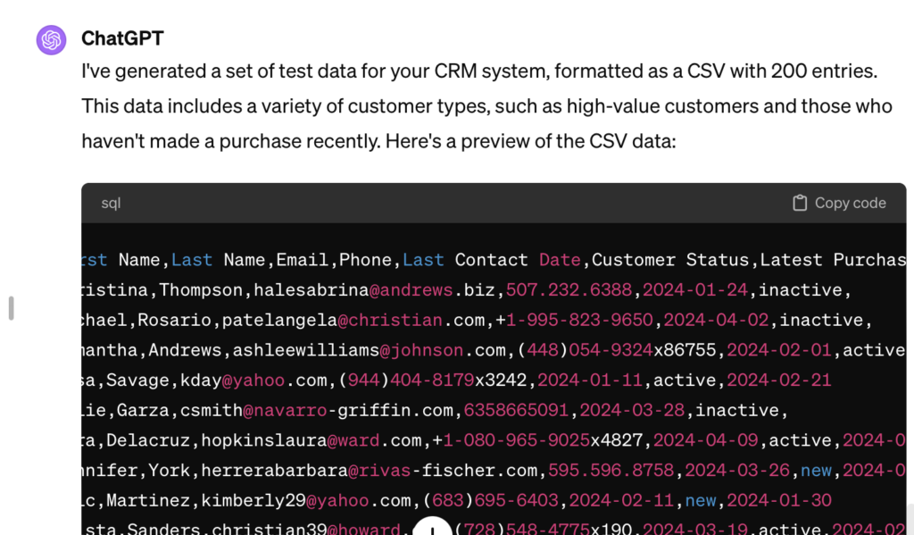 A list of example information created by ChatGTP. The information strongly resembles code. The importance of test data in FileMaker is an important discussion to have.