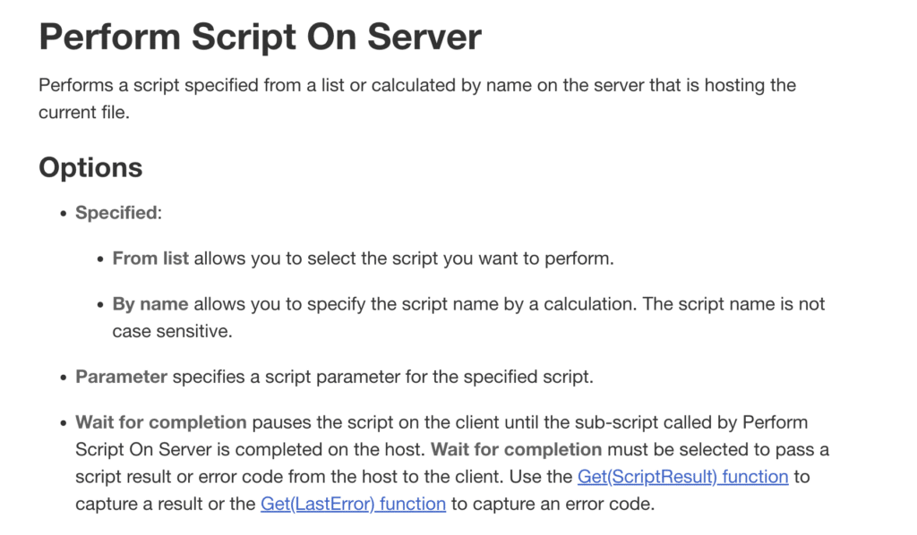 Text description of Perform Script on Server function, from Claris help documentation, describing format, parameters, and data type returned.