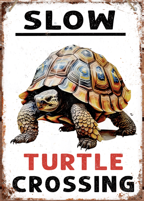 Graphic made to look like a posted street sign, which says slow turtle crossing, with the word turtle in red. The edges look like slightly rusted metal. The color image in the middle is of a tortoise walking forward.