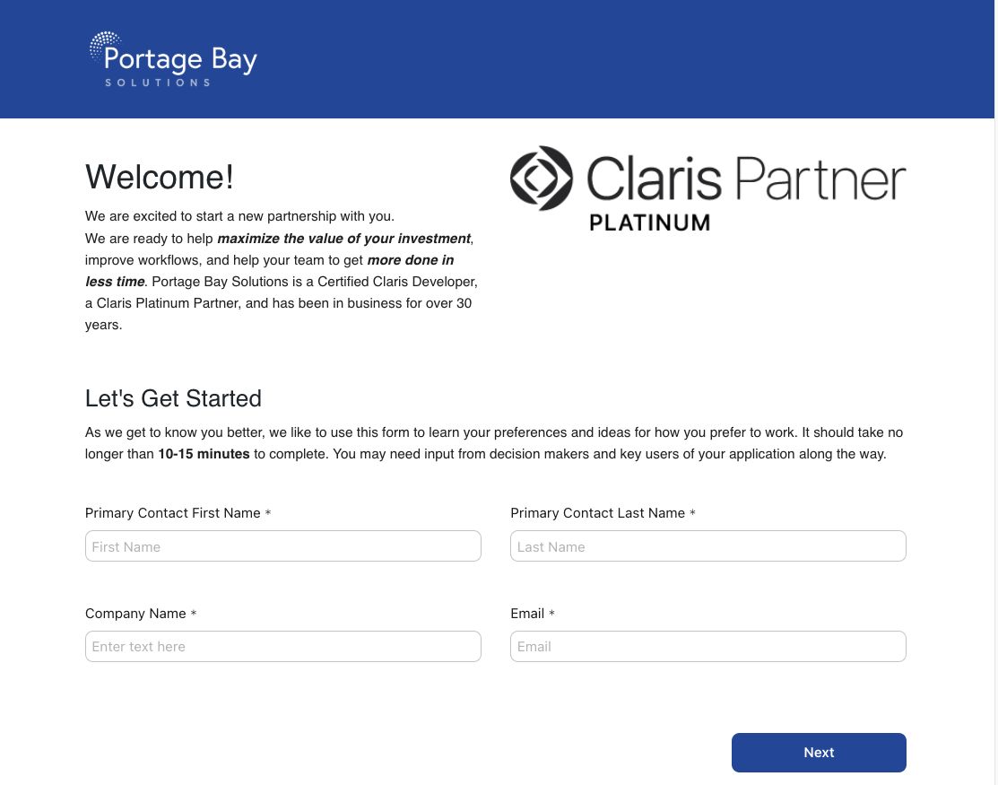 The welcome page for new clients reaching out to Portage Bay through Claris. The page has clients answer a few simple question regarding their work like name, company, and email.