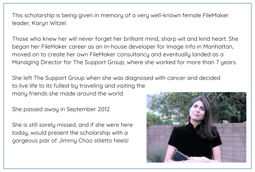 Graphic describing the Karyn Witzel WITFM Scholarship, along with a photo of Karyn outdoors.