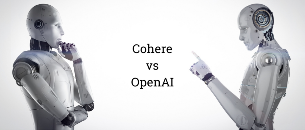 Two images of I Robot style robots used to illustrate the difference between two LLM options for FileMaker - Cohere and OpenAI. Cohere, robot on the left, is thinking with it's hand on it's chin. OpenAI, robot on the right, is pointing at nothing in particular. In the middle of the screen it says "Cohere vs OpenAI."