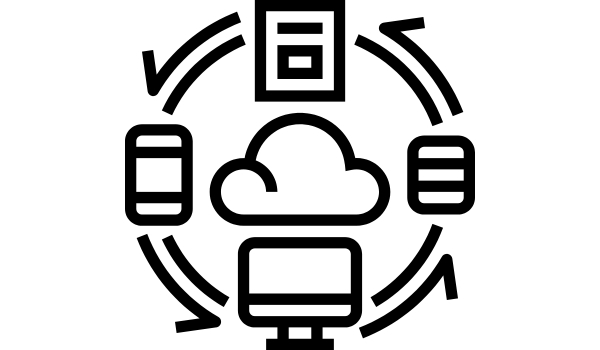 An illustration showing how the Cloud connects devices together. These devices include a desktop, cell phone, and iPad.