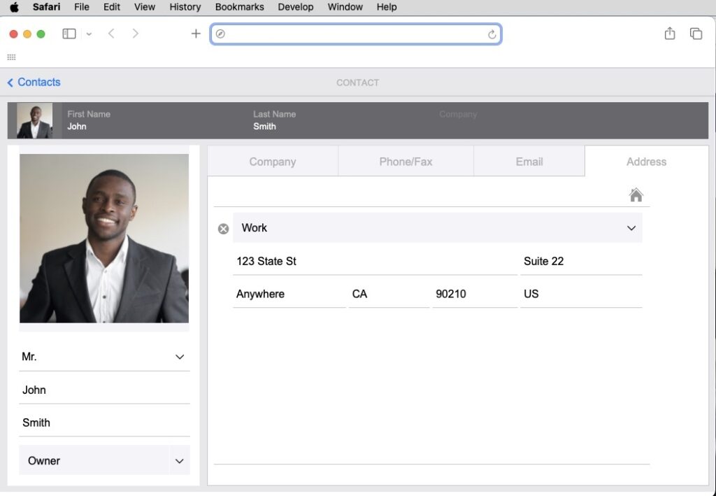 An example of a WebDirect profile, used for building FileMaker web apps, that shows a photo of the person and information like name, company address, email, and more.